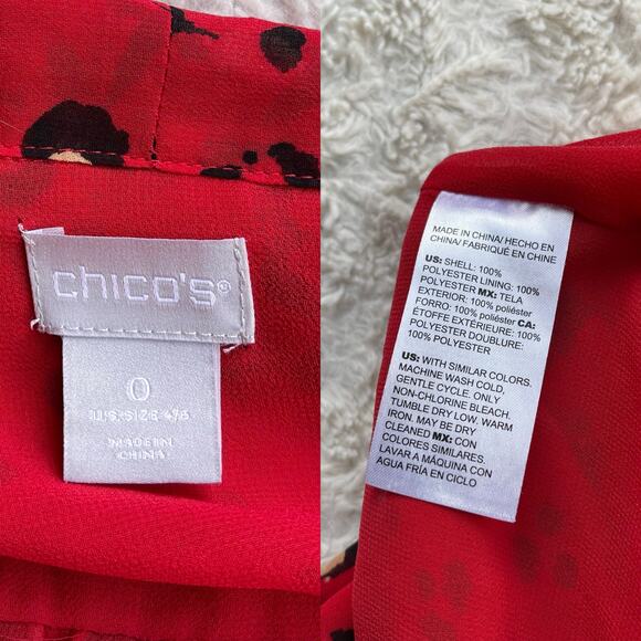 Chico’s heart animal leopard print blouse‎ tie neck bow balloon sleeve red black - Picture 4 of 17